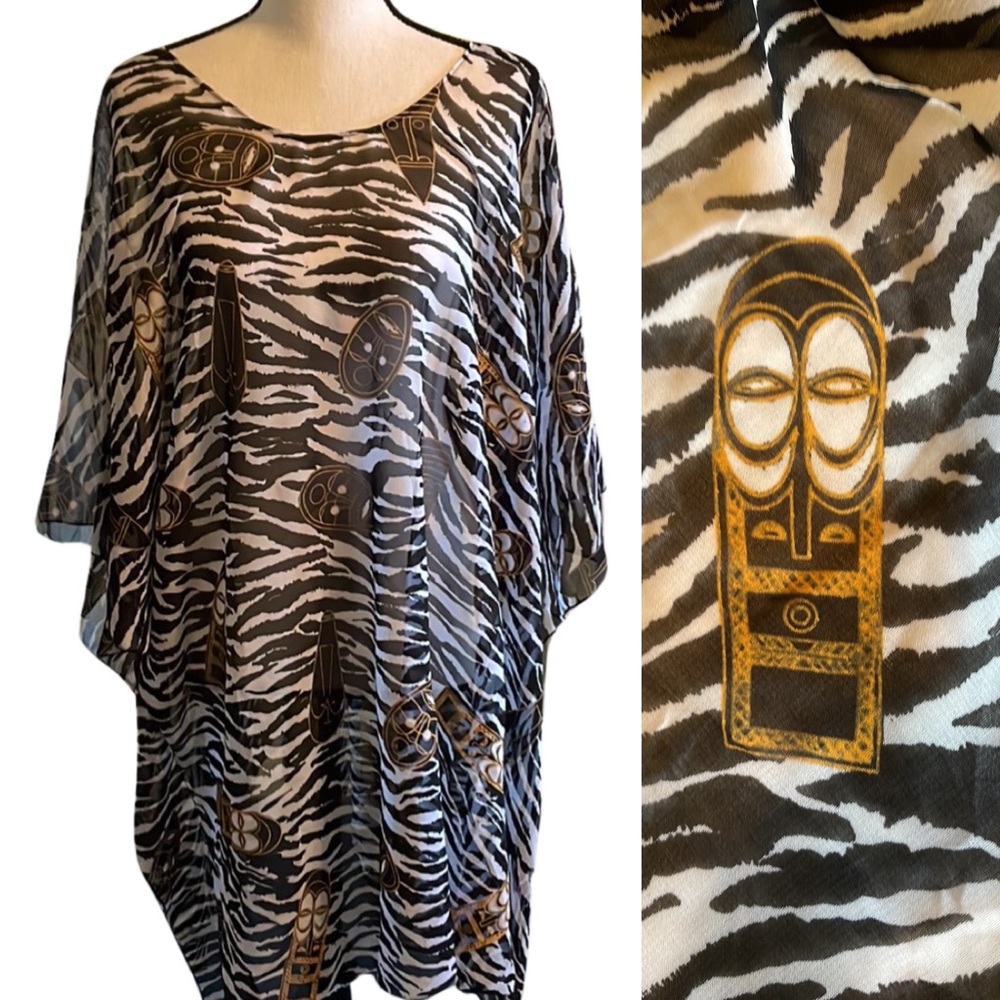 Cropped Kaftan Style Zebra Print Sheer Swim Cover / Tunic Top